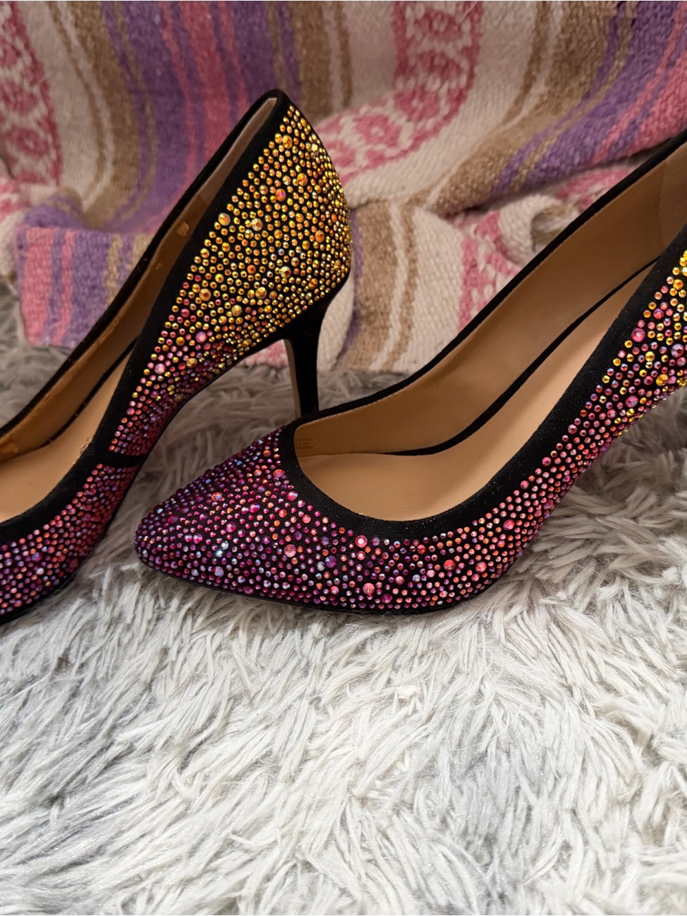 INC International Concepts Black Pointed Heels with Pink and Gold Crystals